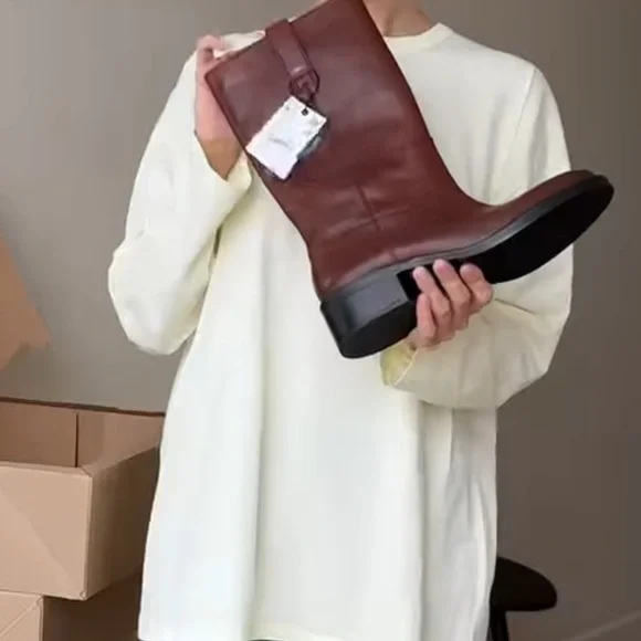 ZARA WIDE SHAFT 100% LEATHER ANKLE BOOTS - Picture 12 of 15